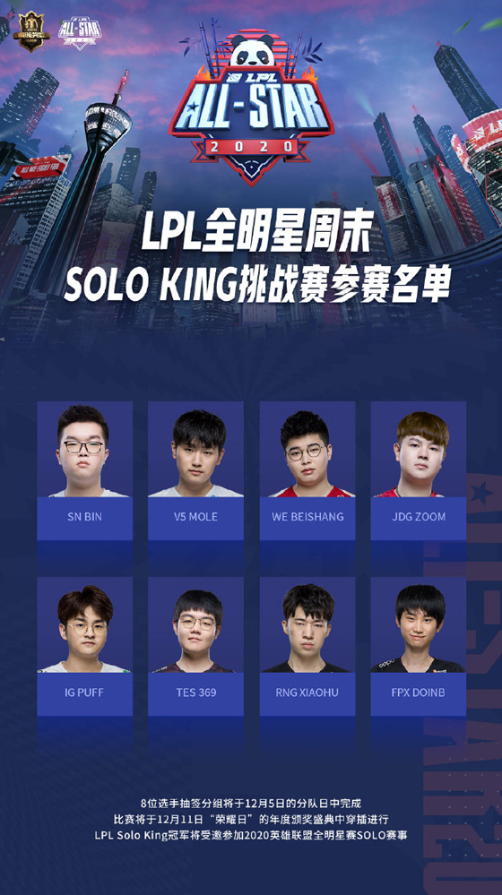 2020LPL全明星周末Solo King参赛名单公布，冠军将直通全明星赛Solo赛！